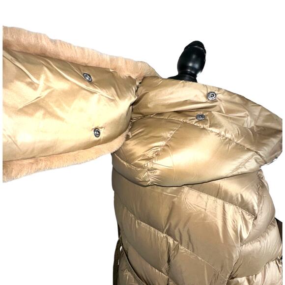 The Recycled Planet faux fur trim hooded downjacket belted brown puffer coat LG - Picture 5 of 11